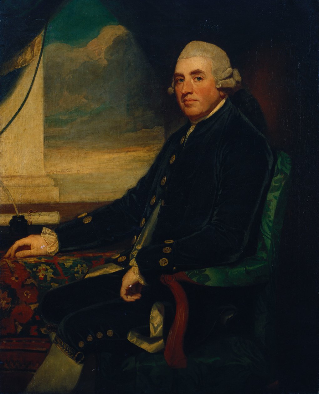 Retrato del primer conde de Farnham, sentado, tres cuartos de longitud, junto a una ventana abierta de George Romney