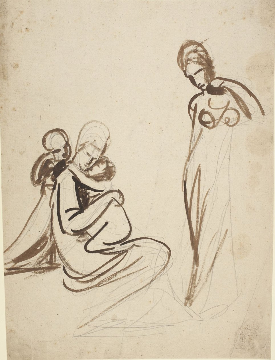 Mujer sentada con dos niños y una mujer de pie de George Romney