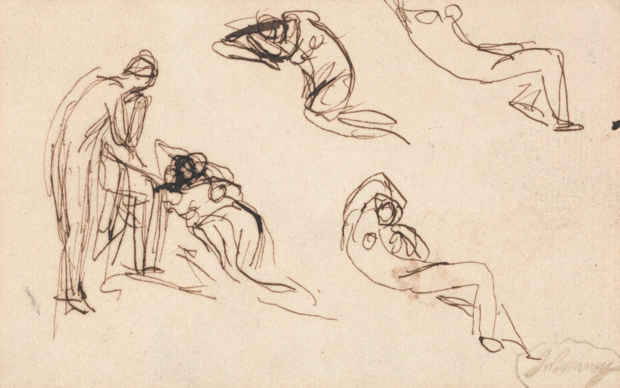 Una figura de pie y cuatro figuras recostadas de George Romney