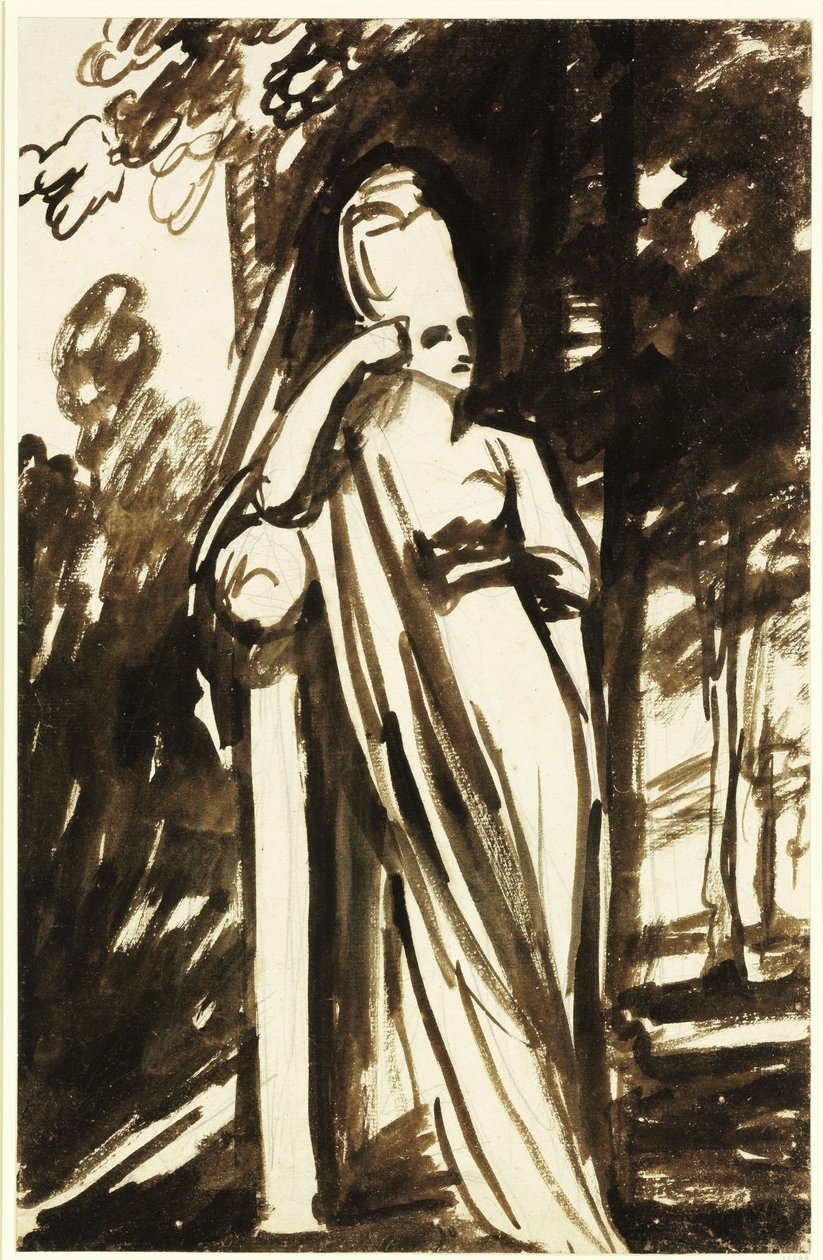 Mujer de pie junto a una estela de George Romney
