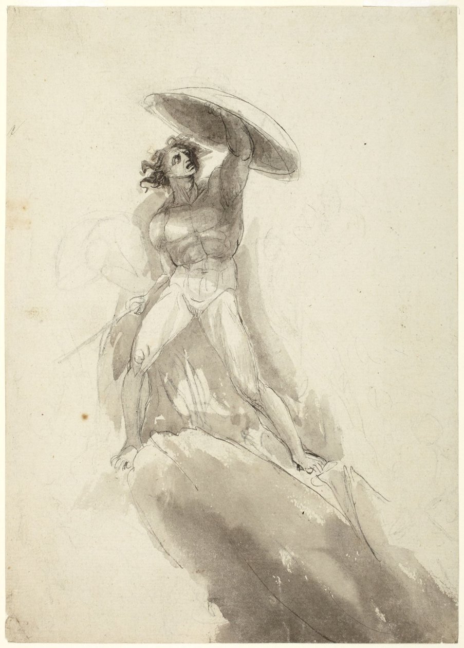 Desnudo masculino caminando con un escudo: estudio para «La caída de los ángeles rebeldes» de George Romney