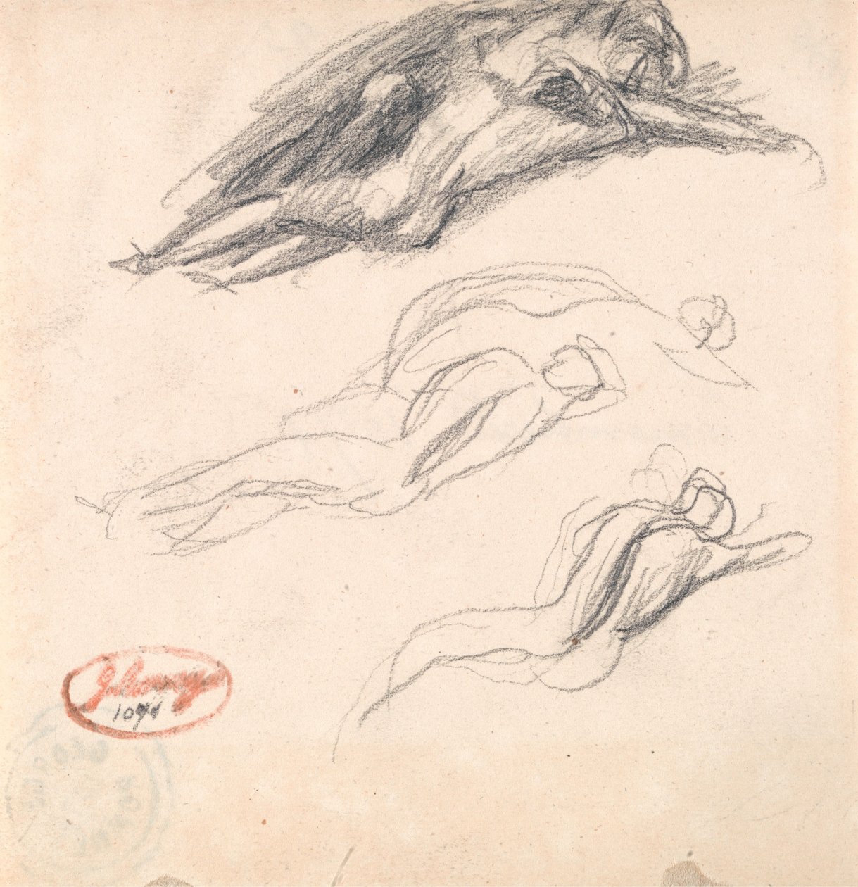 Tres bocetos de una figura dormida, probablemente Adán y Eva, para la obra «Satanás descubierto junto al oído de Eva» de George Romney