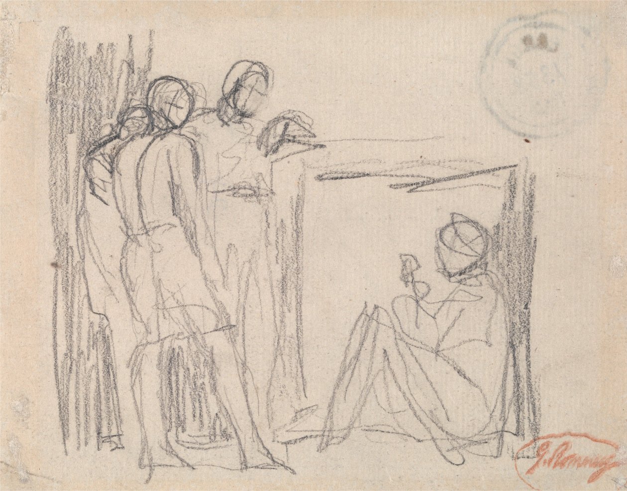 Tres figuras de pie ante una figura sentada de George Romney