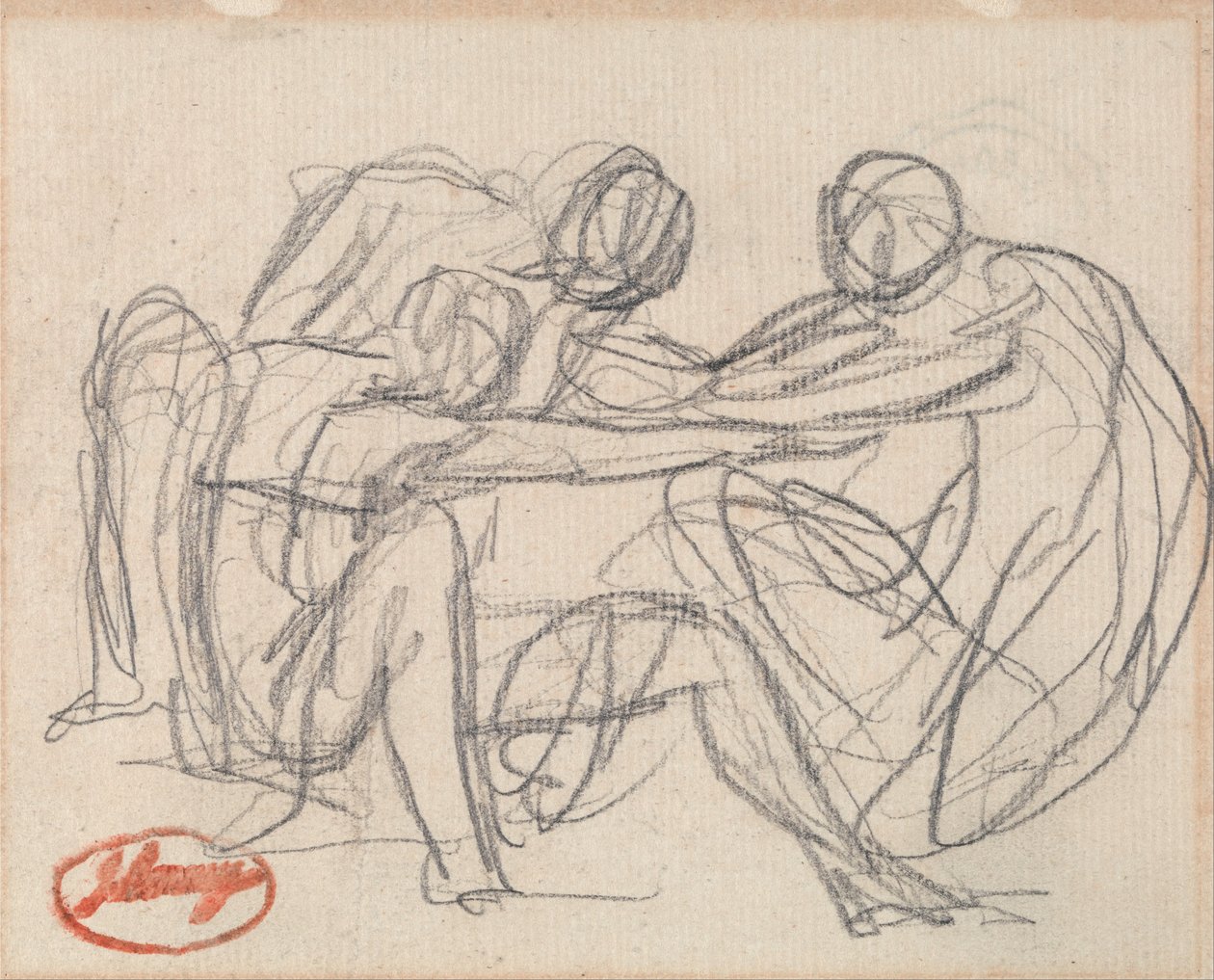 Dos figuras arrodilladas luchan con una figura sentada de George Romney