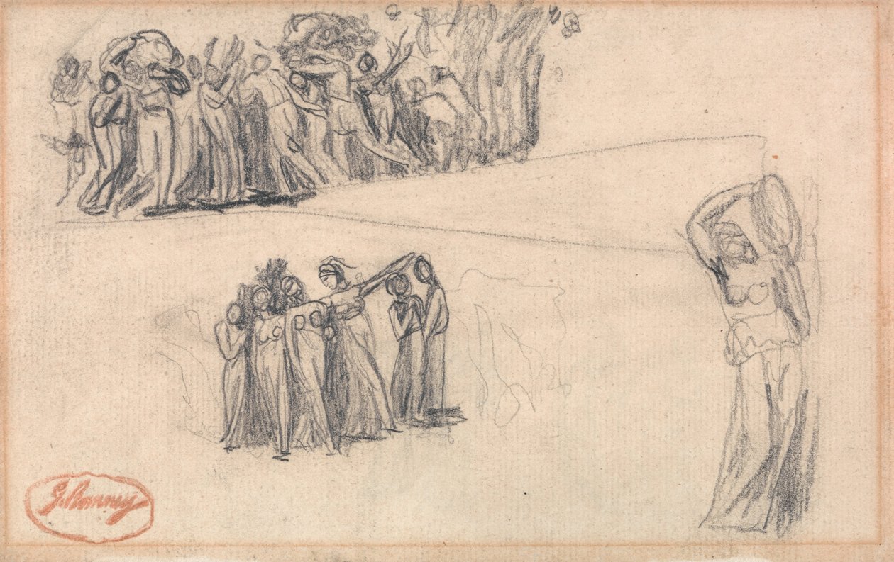 Dos bocetos de mujeres y niños huyendo y figura femenina de pie tocando la pandereta como para Lady Anne Leveson en "Dancing Gower Children" de George Romney