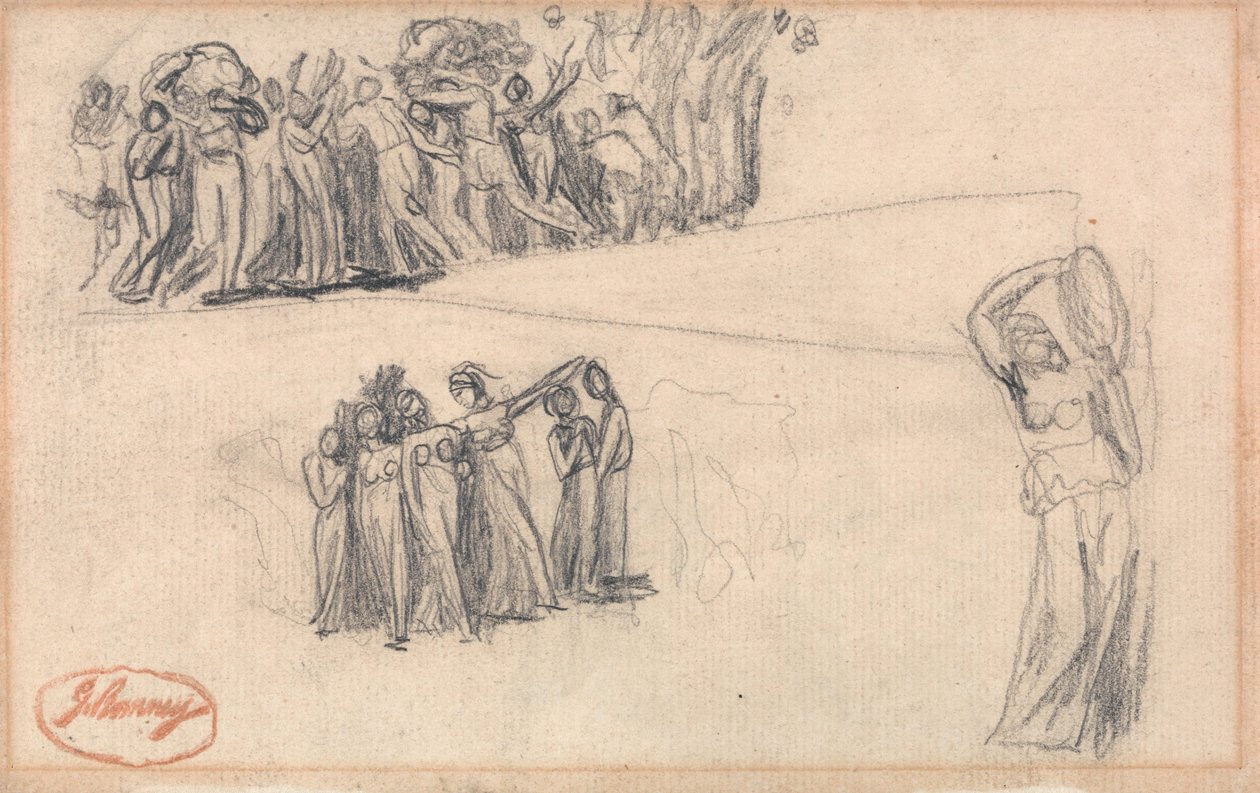 Dos bocetos de mujeres y niños huyendo y una figura femenina de pie tocando la pandereta, como para Lady Anne Leveson en «Dancing Gower Children» de George Romney