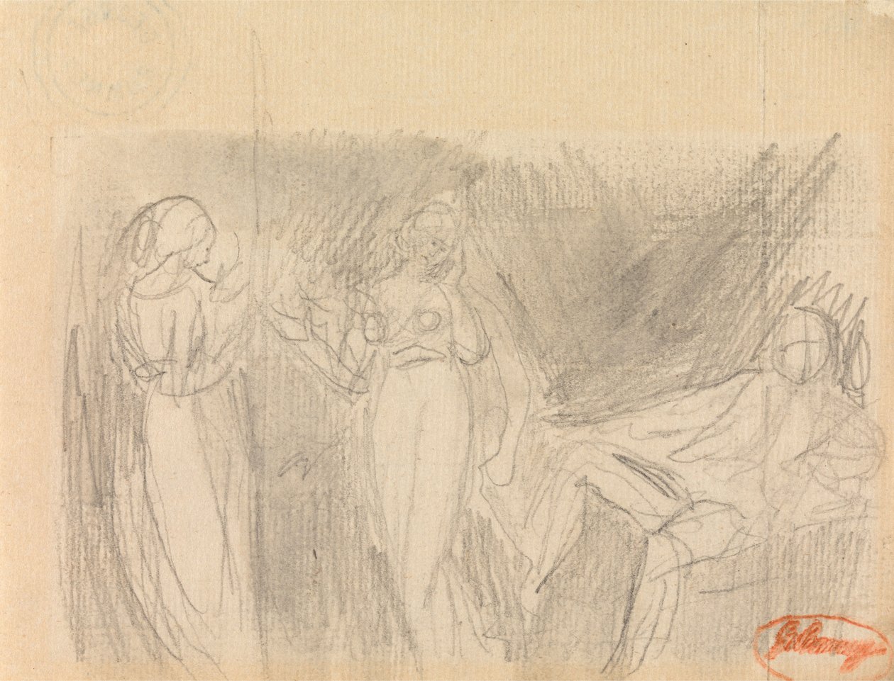 Dos mujeres y un hombre sentado de George Romney