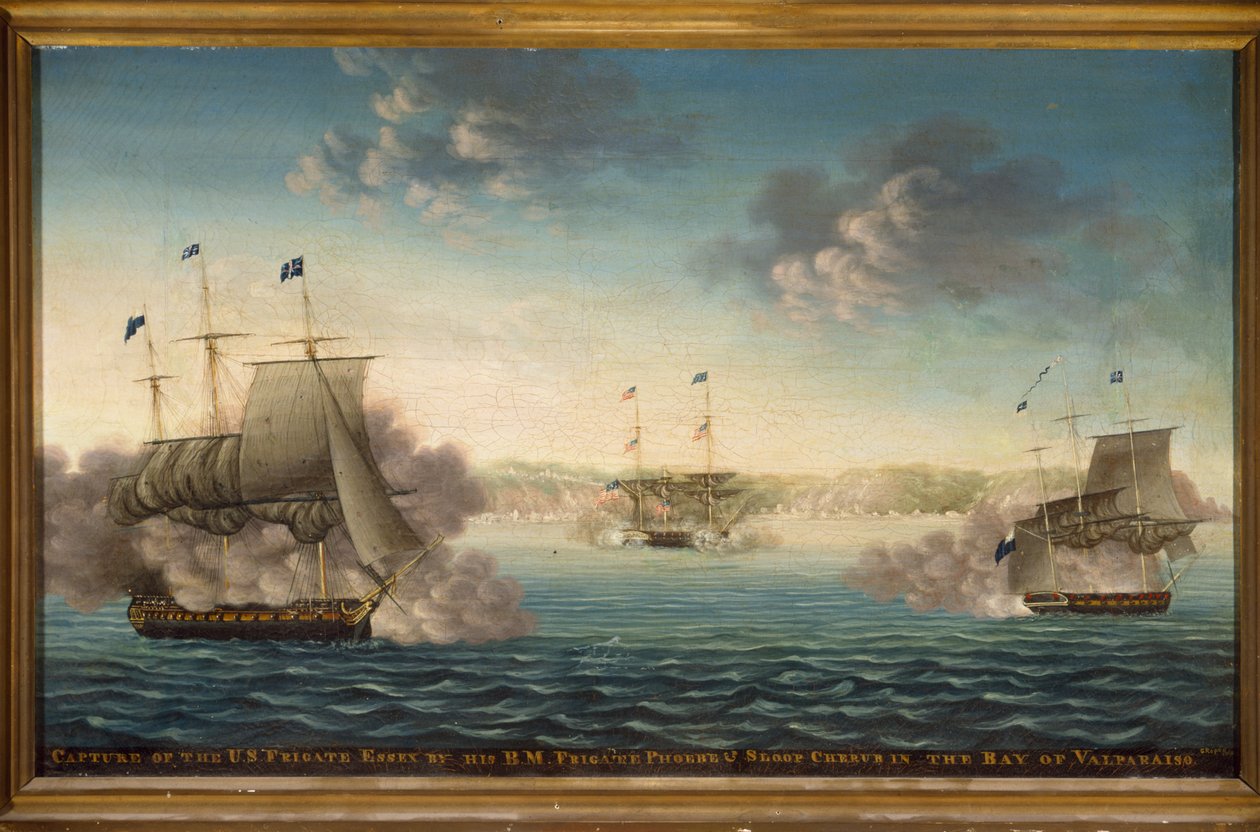 Captura de la fragata estadounidense "Essex" por la fragata B.M. "Phoebe" y la balandra "Cherub" en la bahía de Valparaíso, Chile (óleo sobre lienzo) de George Ropes