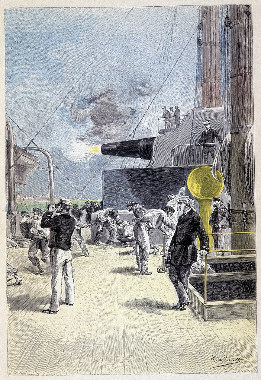 Un primer disparo en blanco sale de la torreta (página 277) en “La Isla a Hélice” de Jules Verne de George Roux