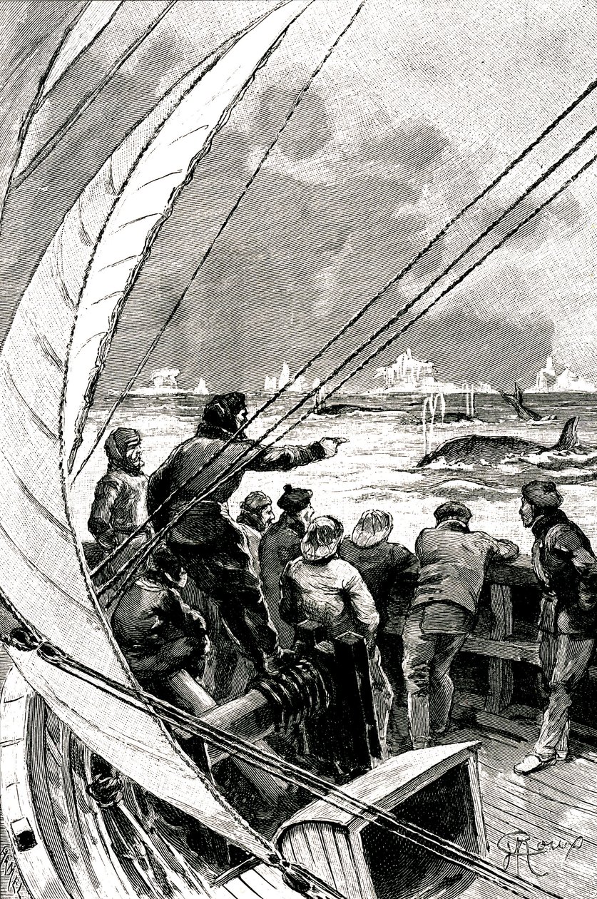 En el mar hacia el Polo: la tripulación de un barco (velero) ve un grupo de ballenas. Ilustración de la novela de Julio Verne "La Esfinge de los Hielos" de George Roux