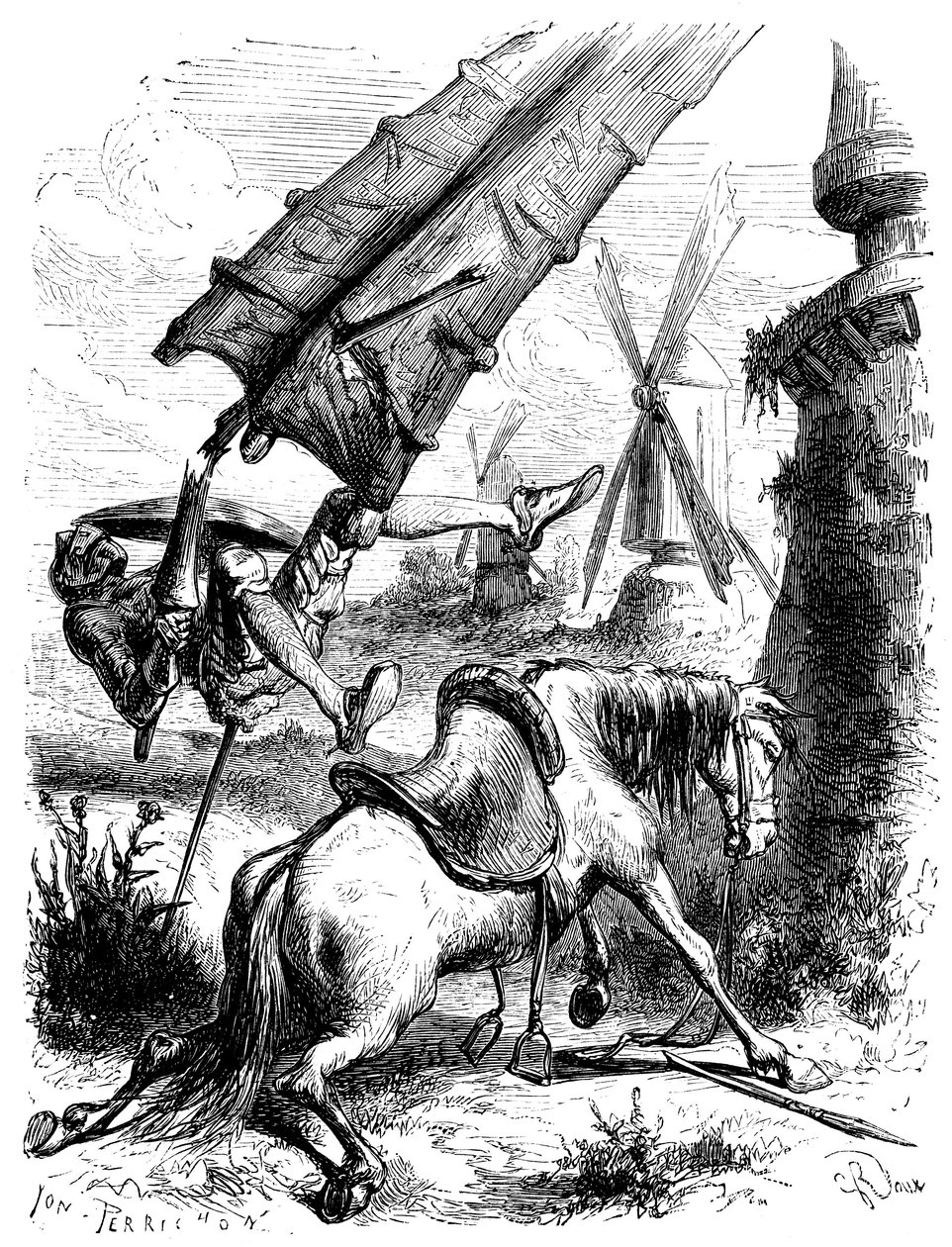 Batalla contra los molinos: Don Quijote y Rossinante son arrojados al suelo por el ala de un molino de George Roux