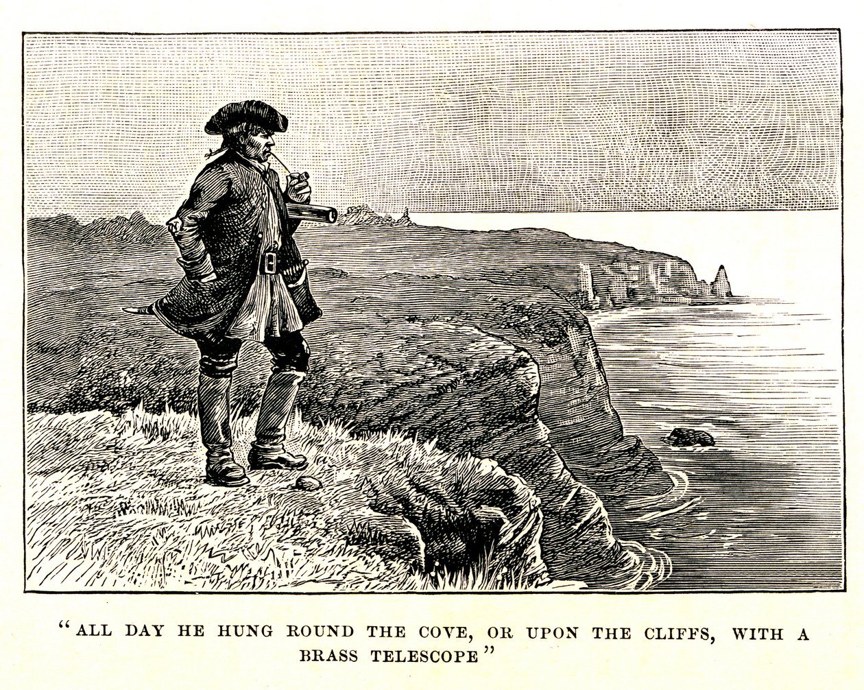 El capitán Billy Bones observa la llegada de los piratas desde el acantilado de George Roux
