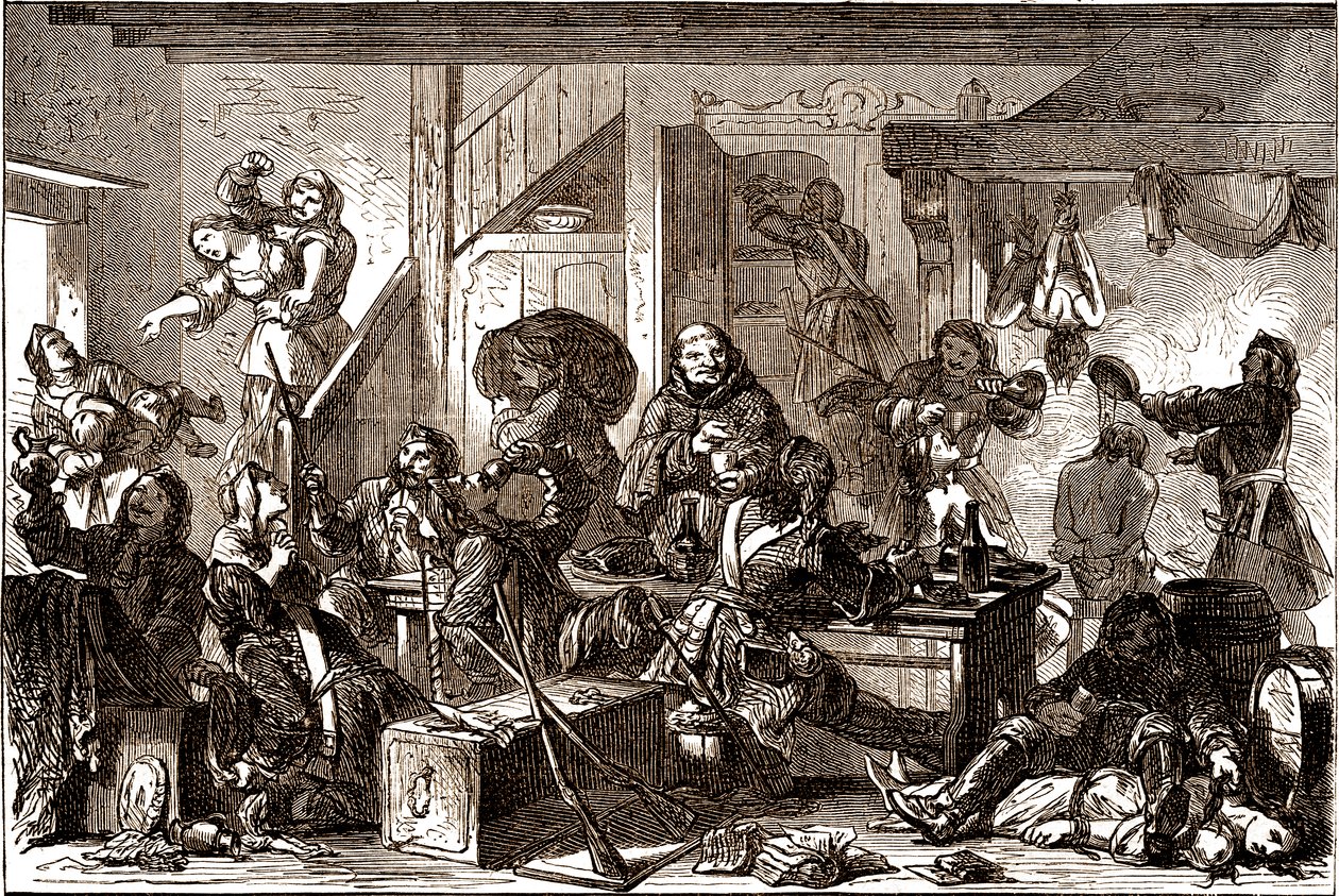 Dragonnades: persecuciones dirigidas contra las comunidades protestantes del Reino de Francia durante la década de 1680. Siglo XIX (grabado) de George Roux