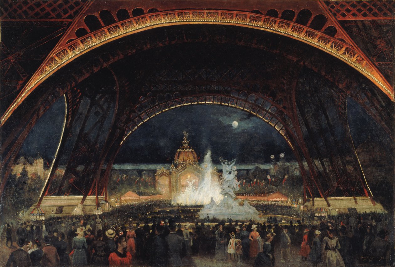 Fiesta nocturna en la Exposición Universal de 1889, bajo la Torre Eiffel, c. 1889 de George Roux