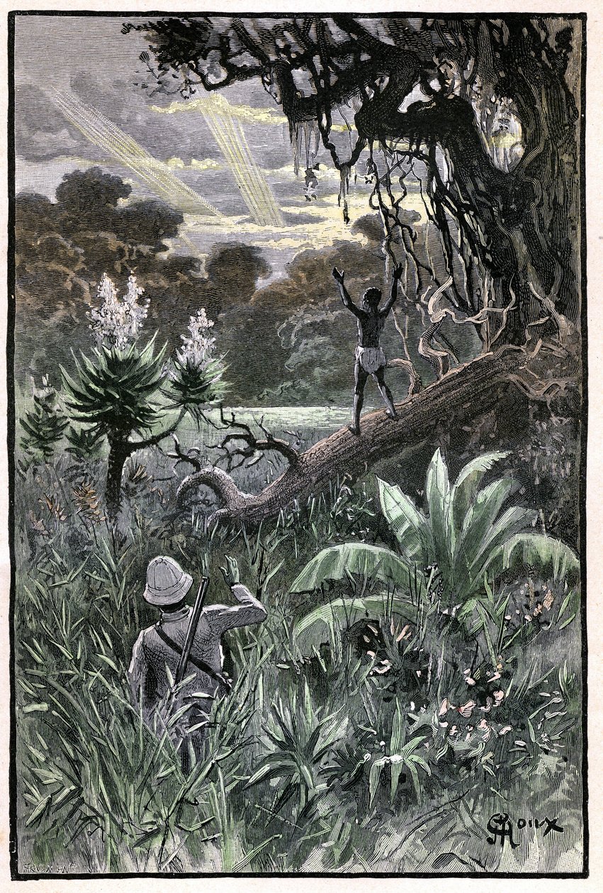 Ilustración de George Roux para el libro de Julio Verne "The Aerien Village" (1901), edición Hetzel/Extraordinary Voyages, Known and Unknown Worlds. Vista de un bosque africano (Congo). de George Roux