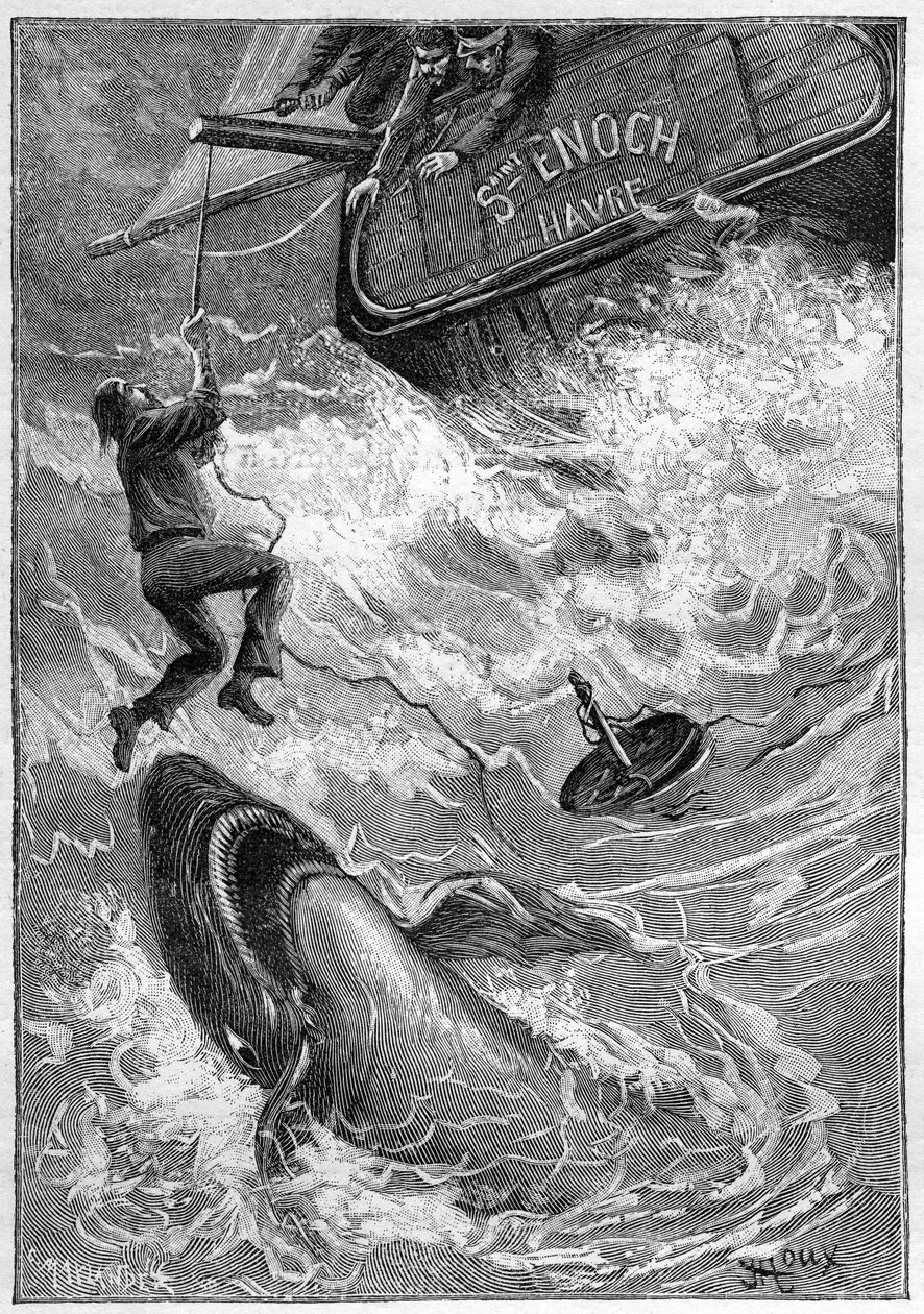 Novela de Julio Verne "Les histoires de Jean-Marie Cabidoulin" (1901), Colección Hetzel/Extraordiaires, ilustración de George Roux. "Escena marítima: marinero atacado por un tiburón en el Océano Pacífico". de George Roux