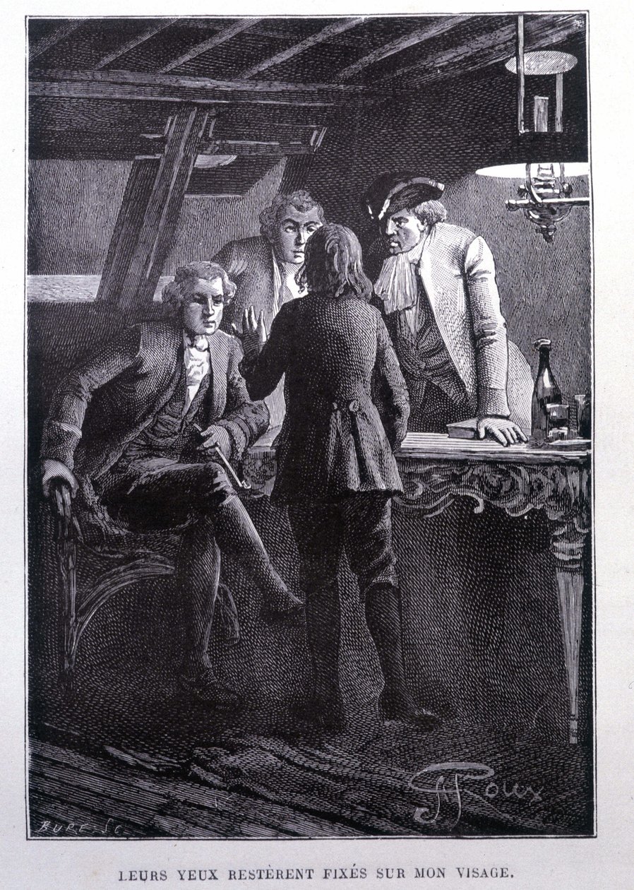 Escena de historia en la plaza del barco: joven Jim Hawkins frente al Dr. Livesey y el Caballero Trelawnay - en “La Isla del Tesoro” de Stevenson por Georges Roux, ed. Hetzel de George Roux
