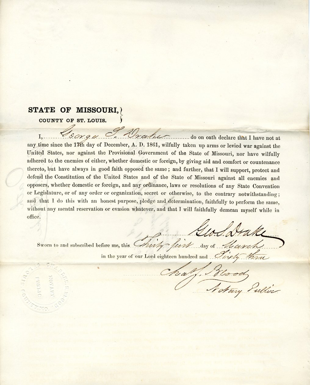 Juramento de lealtad de George S. Drake de Missouri, Condado de St. Louis de George S. Drake