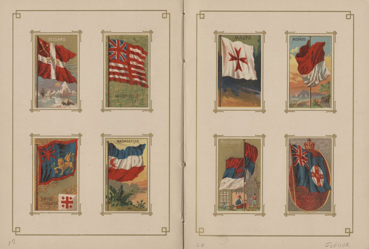 Banderas de todas las naciones y de los estados y territorios de los Estados Unidos de América - Páginas 19 y 20, 1887 de George S. and Sons Harris