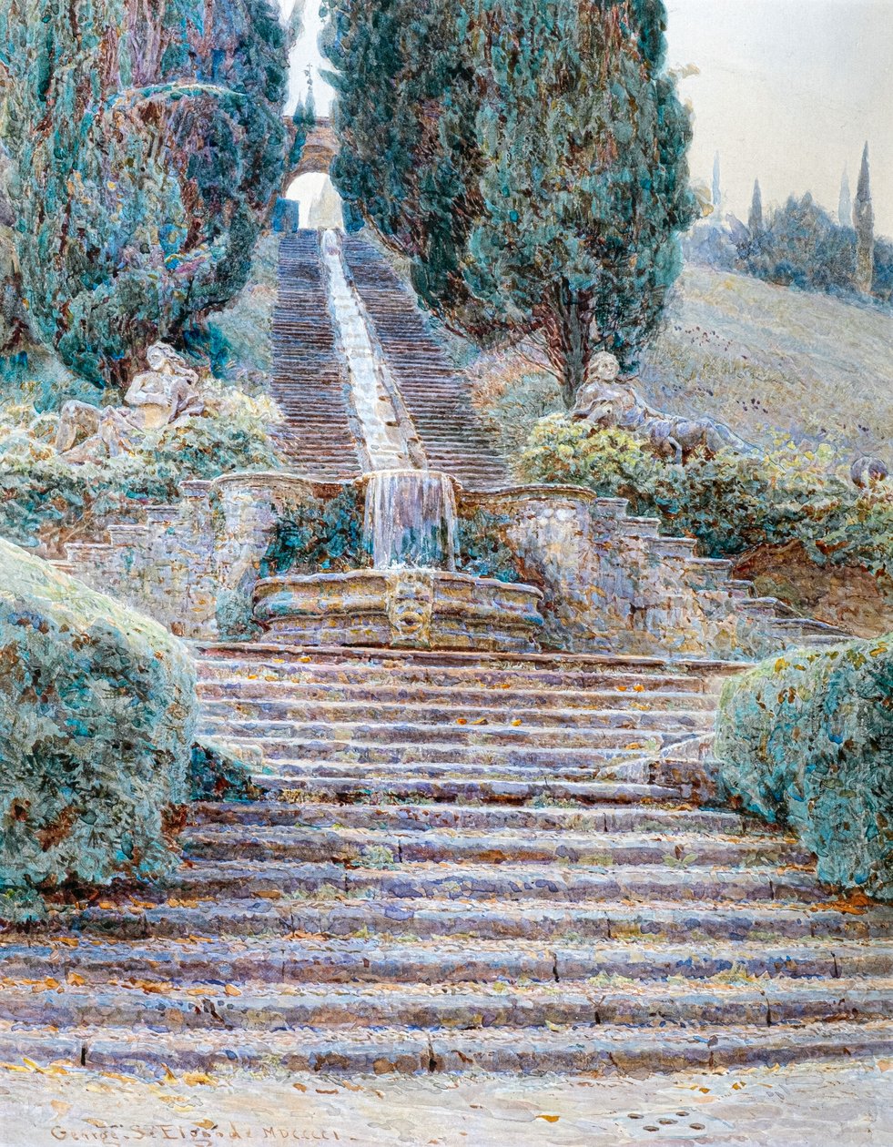 La cascada de Villa Cicogna, Italia 1901 (acuarela) de George Samuel Elgood