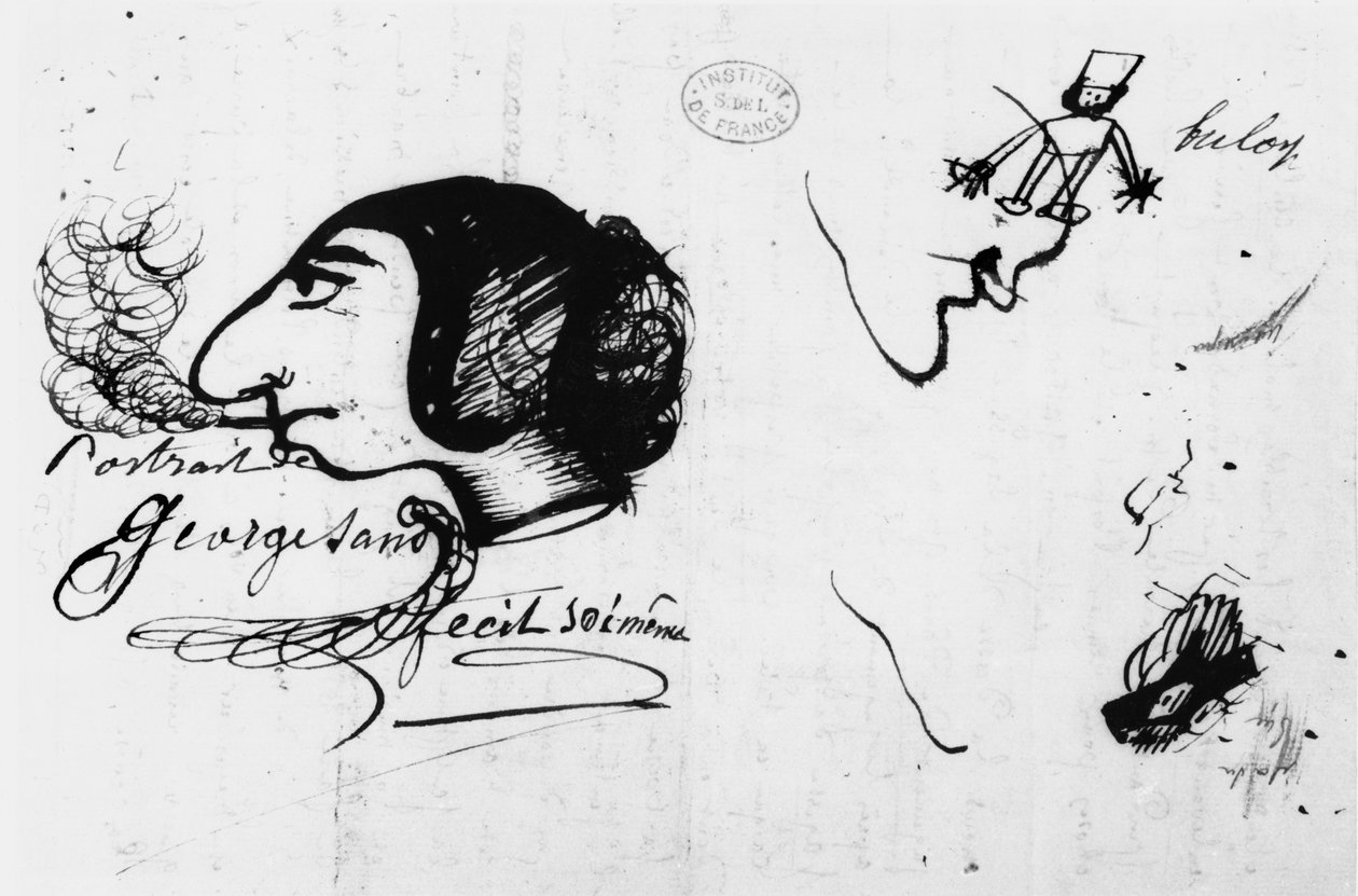 George Sand fumando (1804-76) caricaturizada por ella misma de George Sand