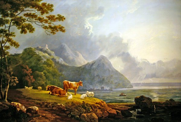 Un paisaje extenso con ovejas y vacas de George Senior Barrett
