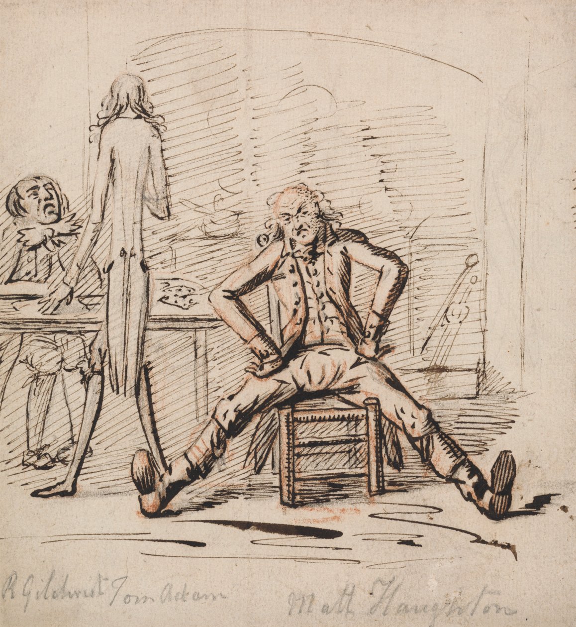 Tres hombres en una habitación: Gilchrist sentado ante una mesa, Tom Adam de pie, visto desde atrás, y Matt Haughton sentado con las piernas abiertas y los brazos en alto ante un fuego. de George Shepheard
