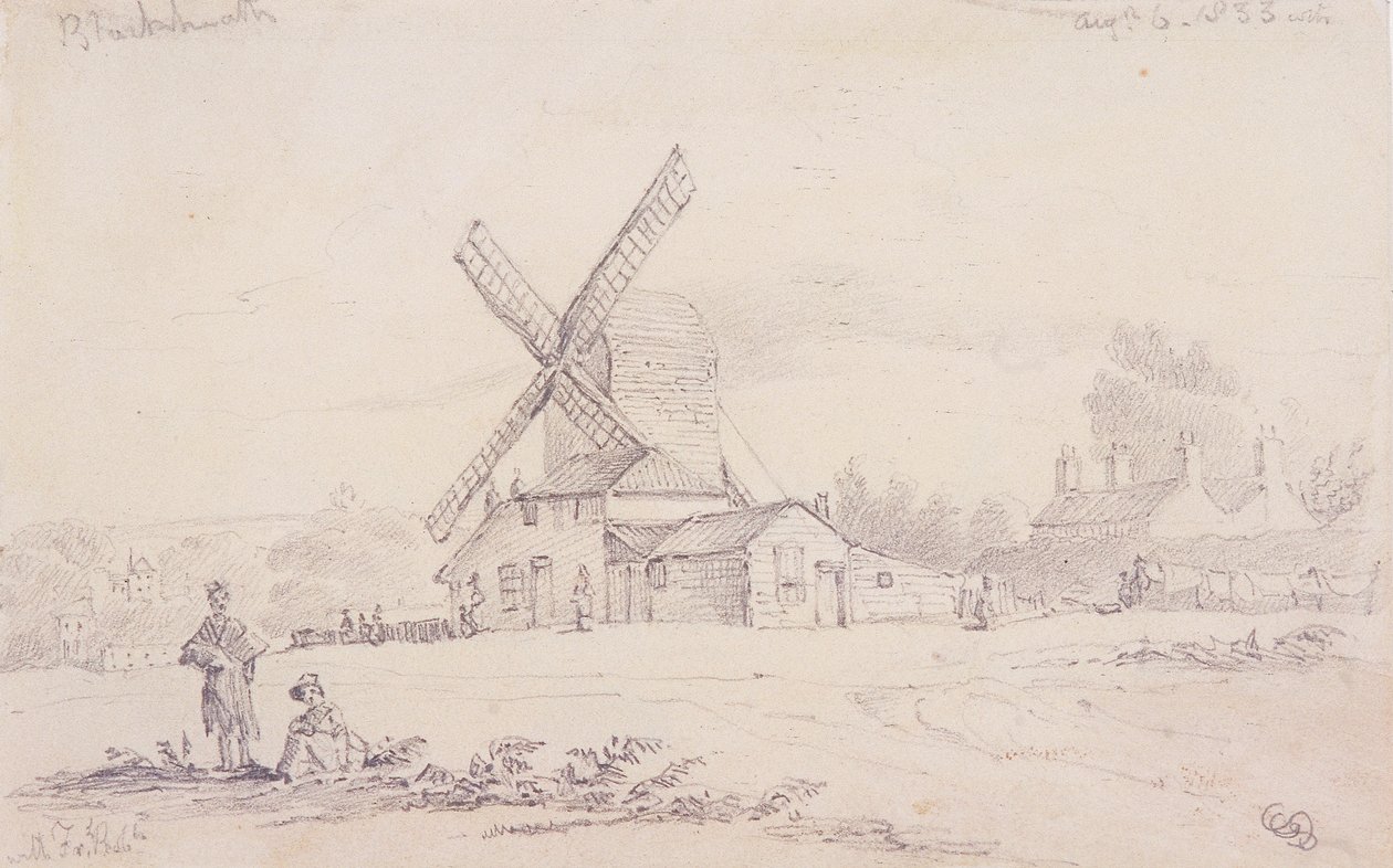 Vista del molino con un molino de viento en Blackheath, Greenwich, Londres, 1833 de George Shepheard