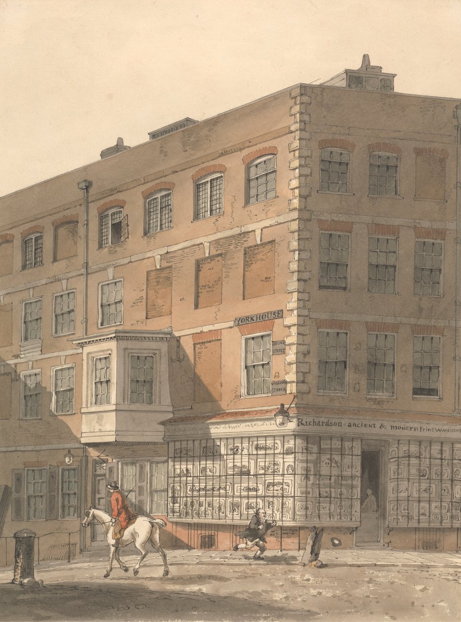York House, esquina de Villiers Street y Strand, con el almacén de grabados antiguos y modernos de Richardson en primer plano. de George Shepheard