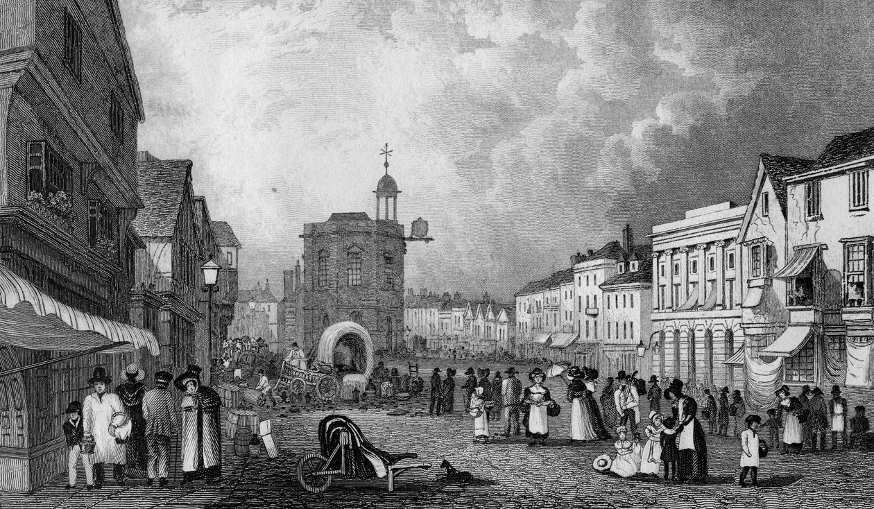High Street, Maidstone, Un Día de Mercado, grabado por S. Lacey, publicado en 1832 de George Shepherd