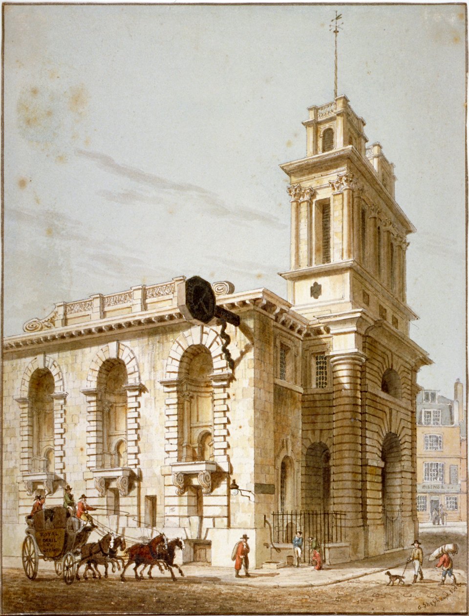 Vista noroeste de la Iglesia de Santa María Woolnoth, Ciudad de Londres, 1812 de George Shepherd