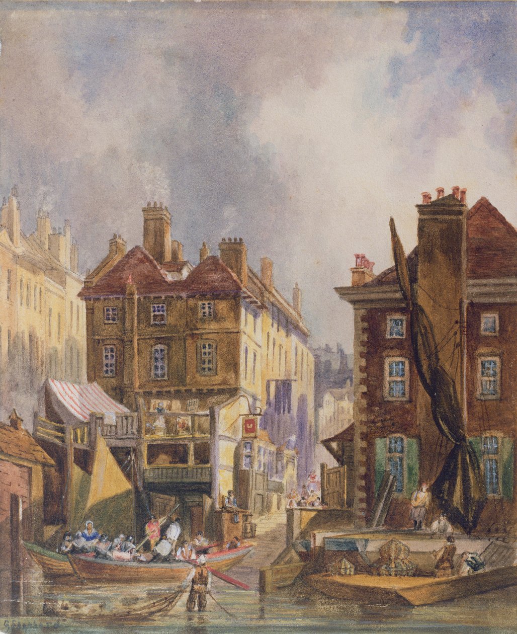 Antiguo mercado de Hungerford desde el río, Londres, c.1810 de George Shepherd
