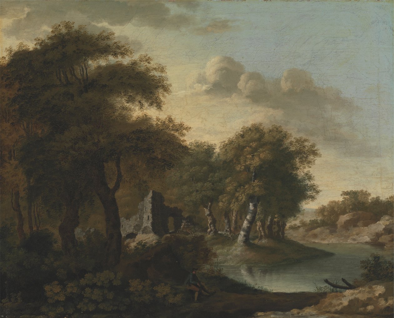Una vista cerca de Arundel, Sussex, con ruinas junto al agua de George Smith