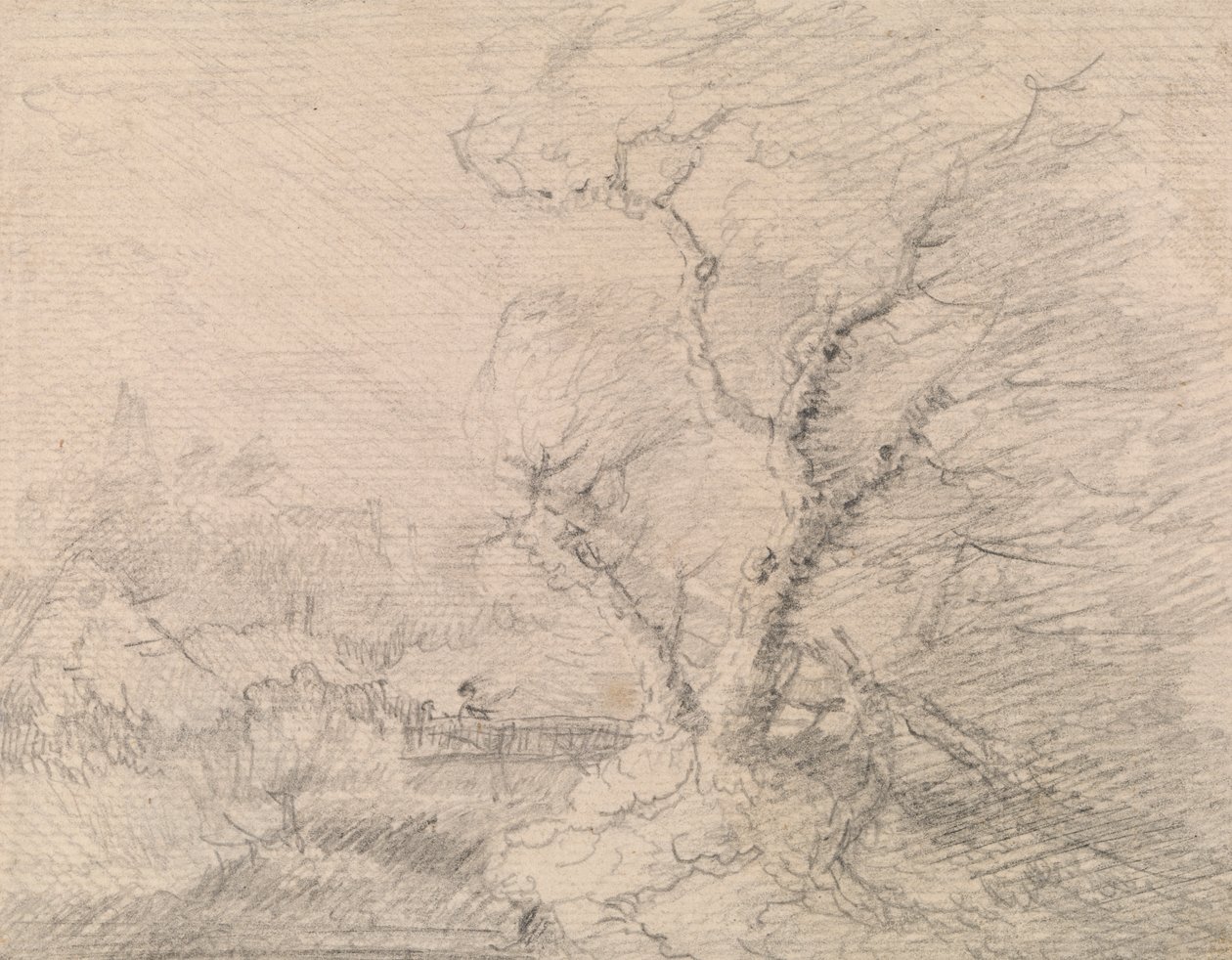 Paisaje con pasarela y gran árbol de George Smith