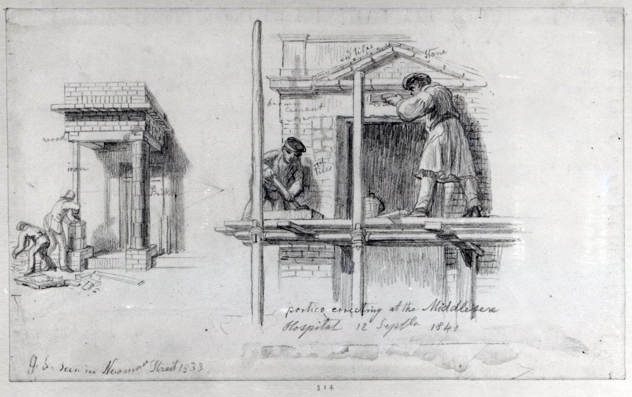 Erección de pórticos en Newham Street y el Hospital de Middlesex, Londres, 1833 y 1840 de George Snr Scharf