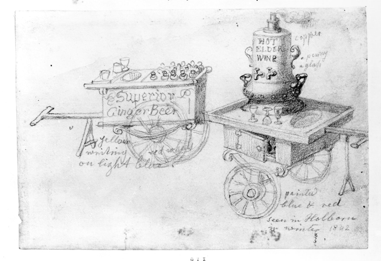 Puestos de cerveza de jengibre y vino caliente de saúco en Holborn, 1842 de George Snr Scharf