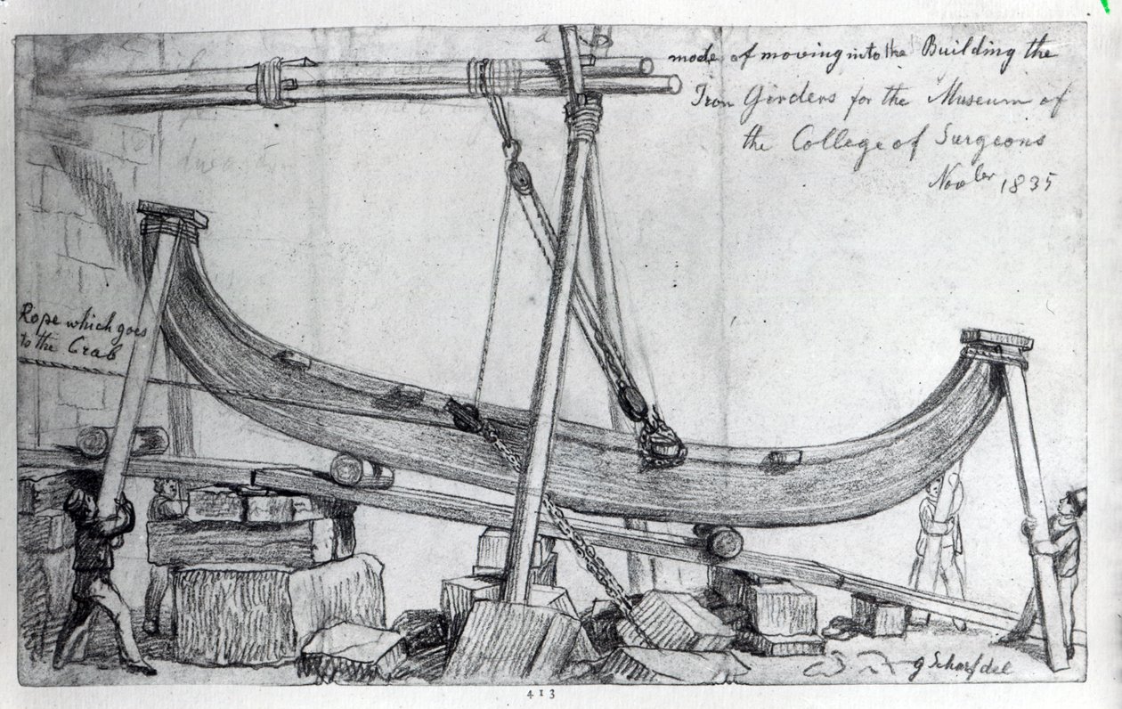 Moviendo las vigas de hierro utilizadas para construir el Museo Hunteriano en el Royal College of Surgeons, 1835 de George Snr Scharf