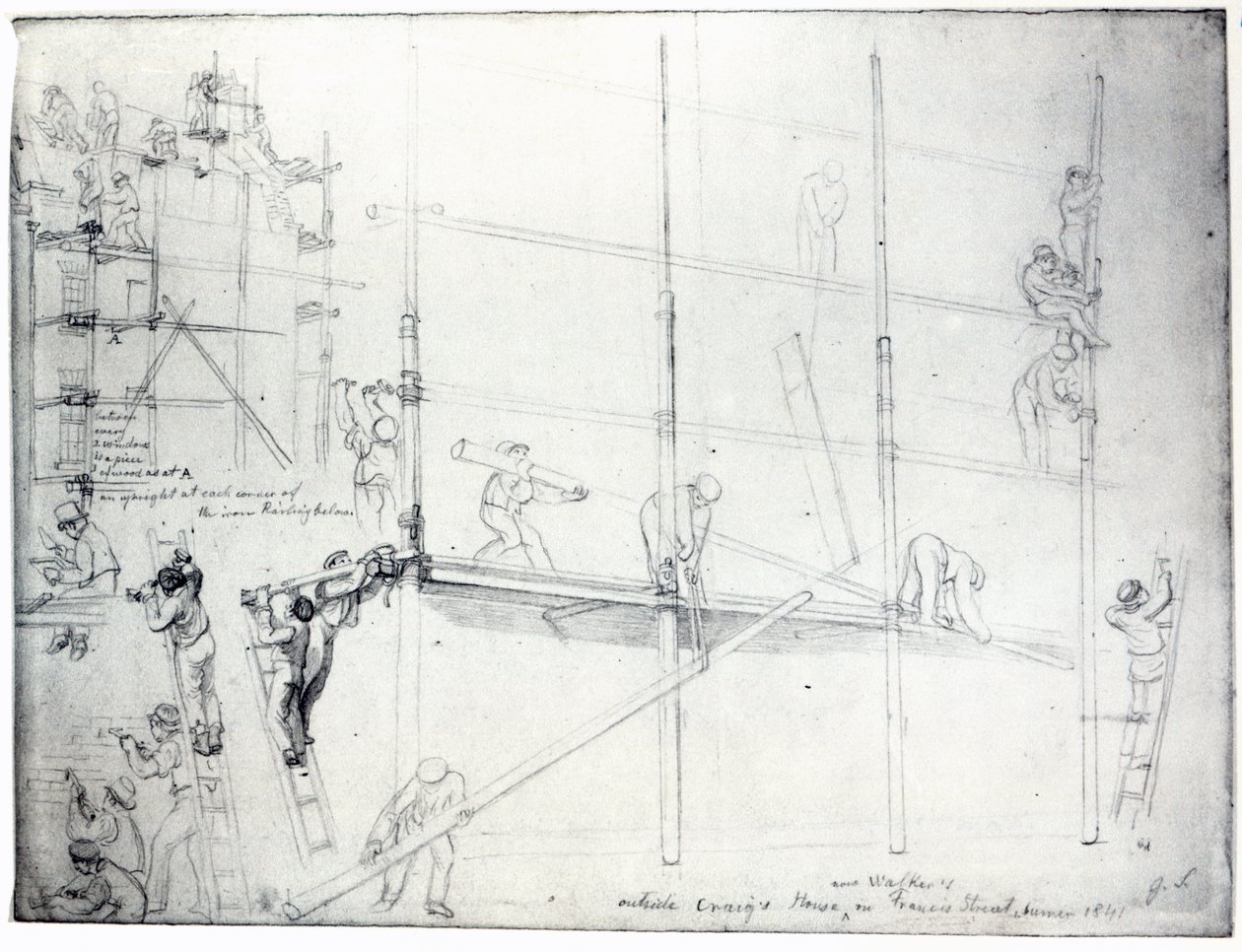 Montando andamios fuera de la casa de Craig, Francis Street, Londres, 1841 de George Snr Scharf