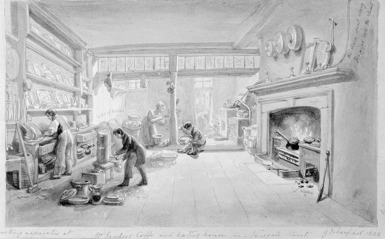 La cocina de la casa de café y comedor del Sr. Sander, Newgate Street, 1828 de George Snr Scharf