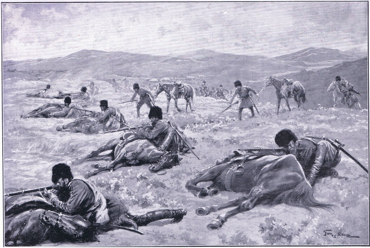 Un cosaco y su caballo: un dispositivo para asegurar cobertura durante una escaramuza, ilustración de Cassells History of the Russo-Japanese War Vol 1, c.1900 de George Soper
