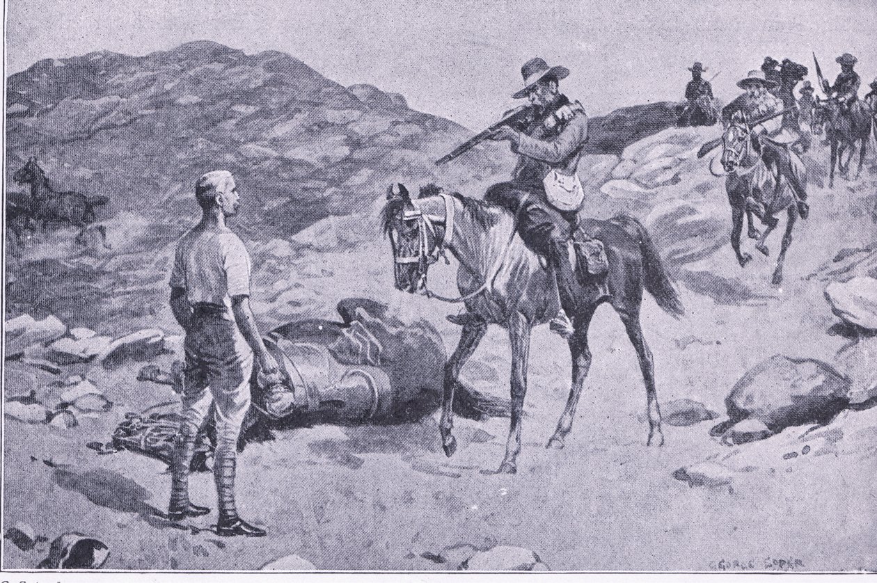 Una hazaña valiente en la marcha a Hoopstad, Después de Pretoria: La guerra de guerrillas publicada por Harmsworth Bros Limited 1901 de George Soper