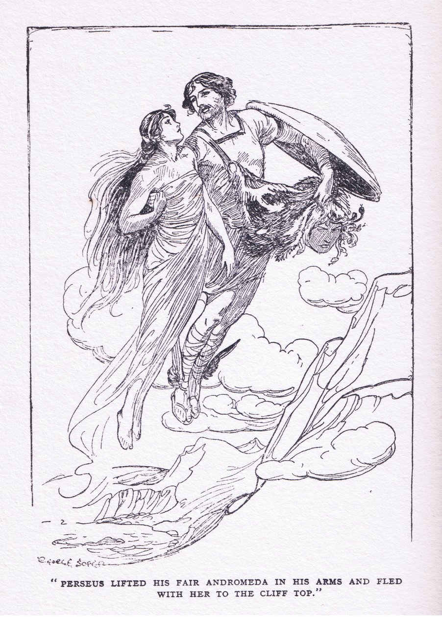 Perseo levantó a su bella Andrómeda en sus brazos y huyó con ella a las cimas de los acantilados, de Los Héroes publicado por George Allen y Unwin 1929 de George Soper