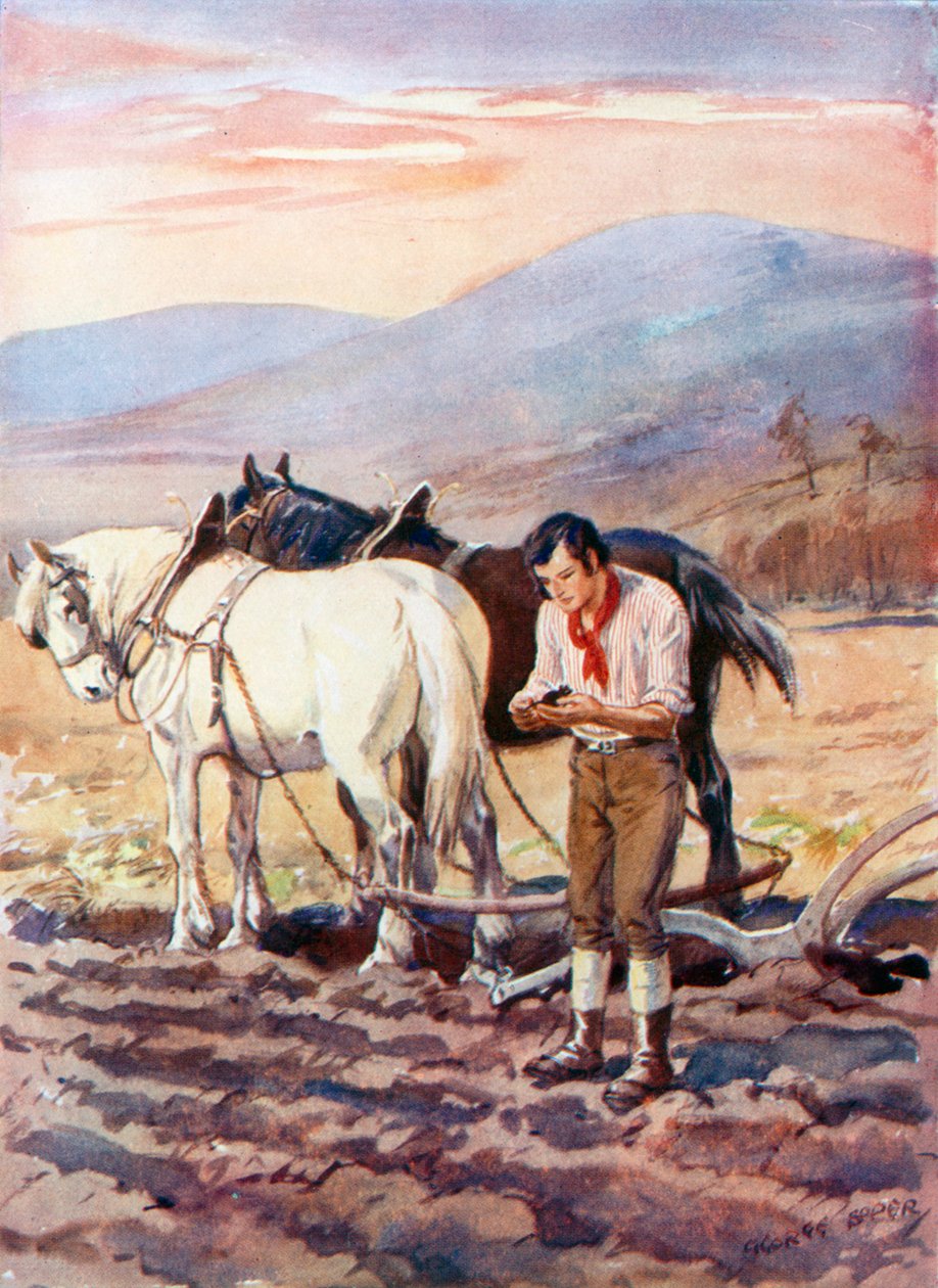 Robert Burns en el arado (litografía en color) de George Soper
