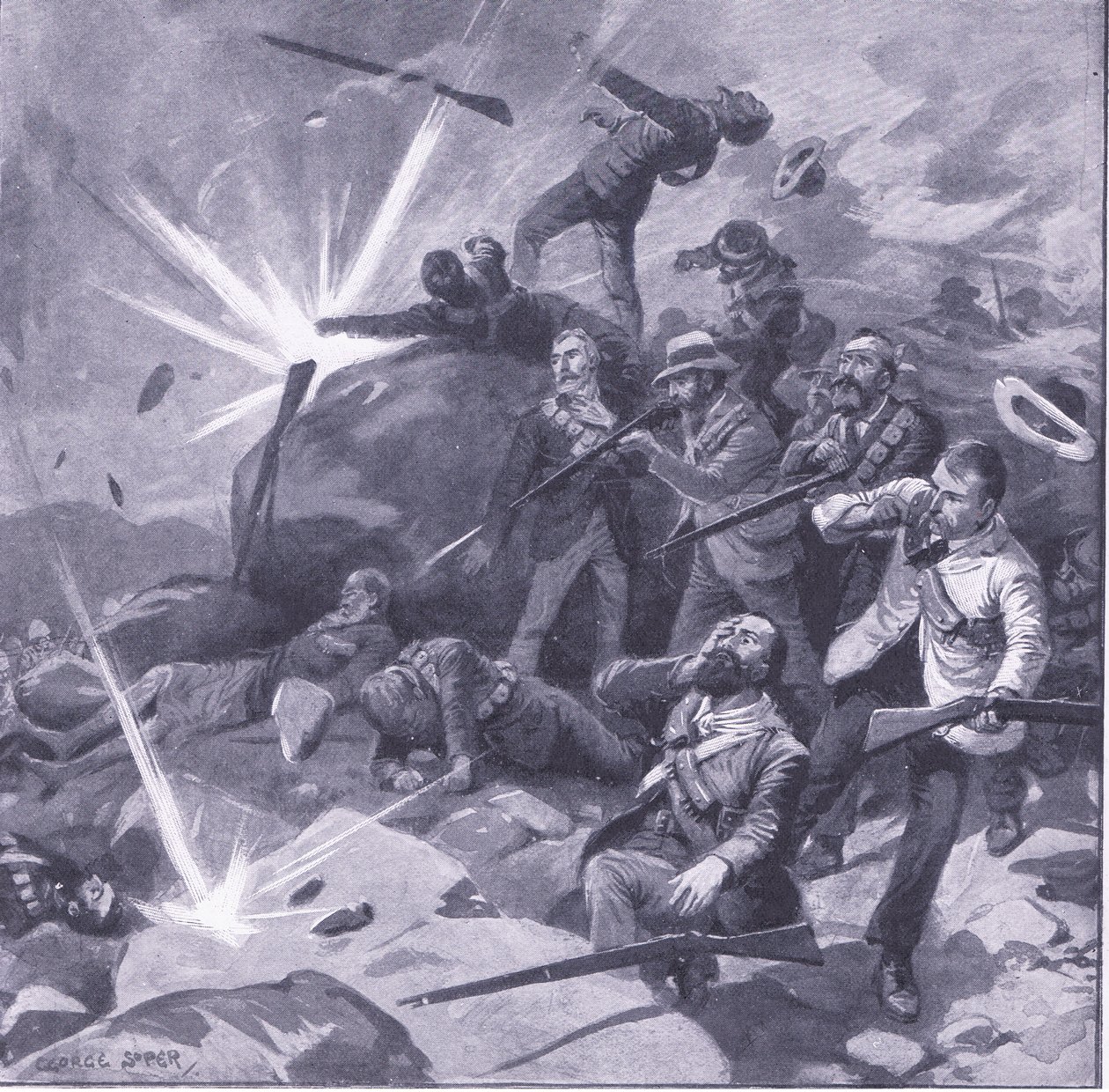 La última resistencia de la policía de Johannesburgo en Bergendal, ilustración de Después de Pretoria: La Guerra de Guerrillas, 1902 de George Soper
