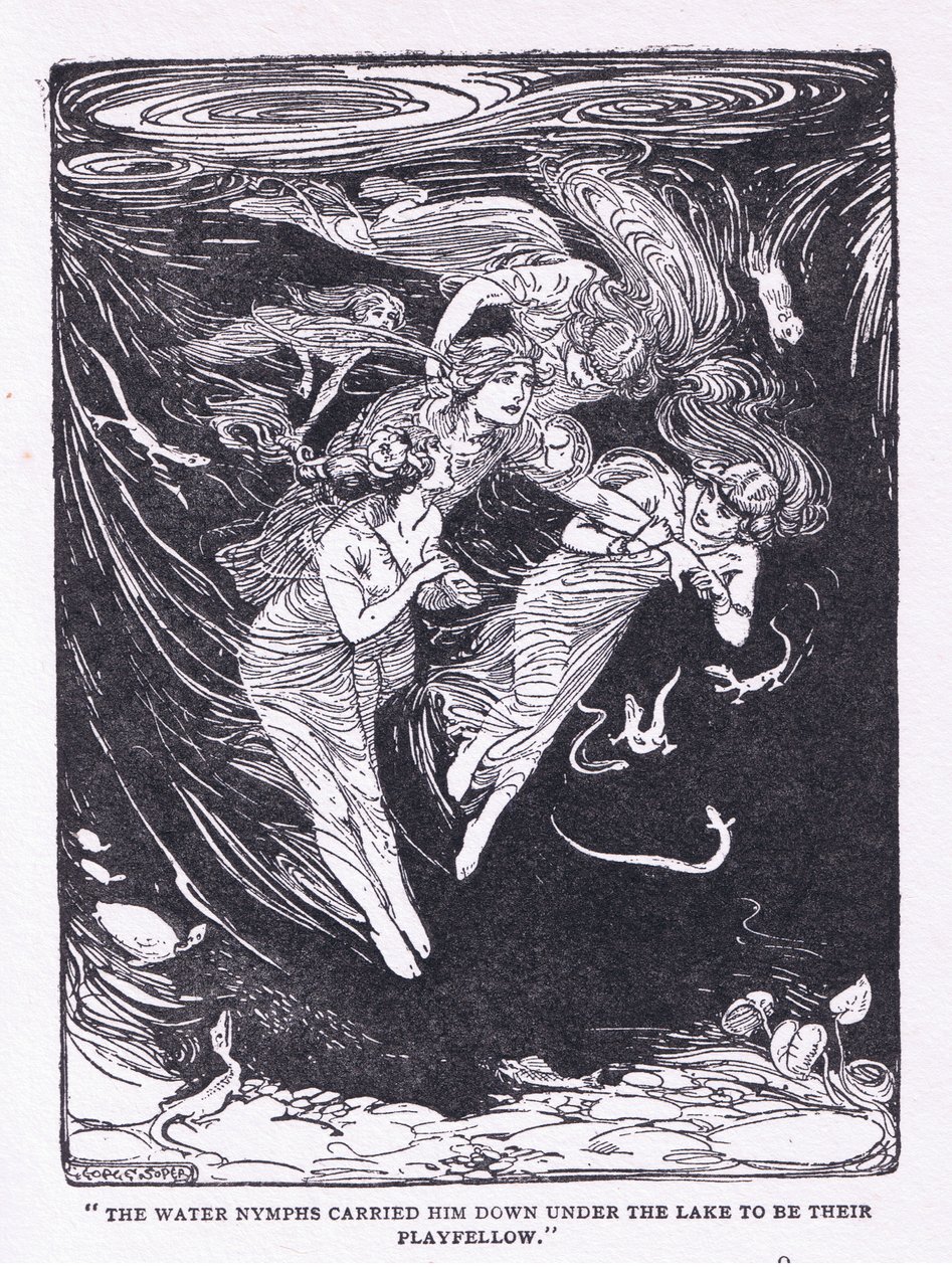 Las ninfas del agua lo llevaron al lago para jugar con él, de Los Héroes publicado por George Allen y Unwin 1929 de George Soper