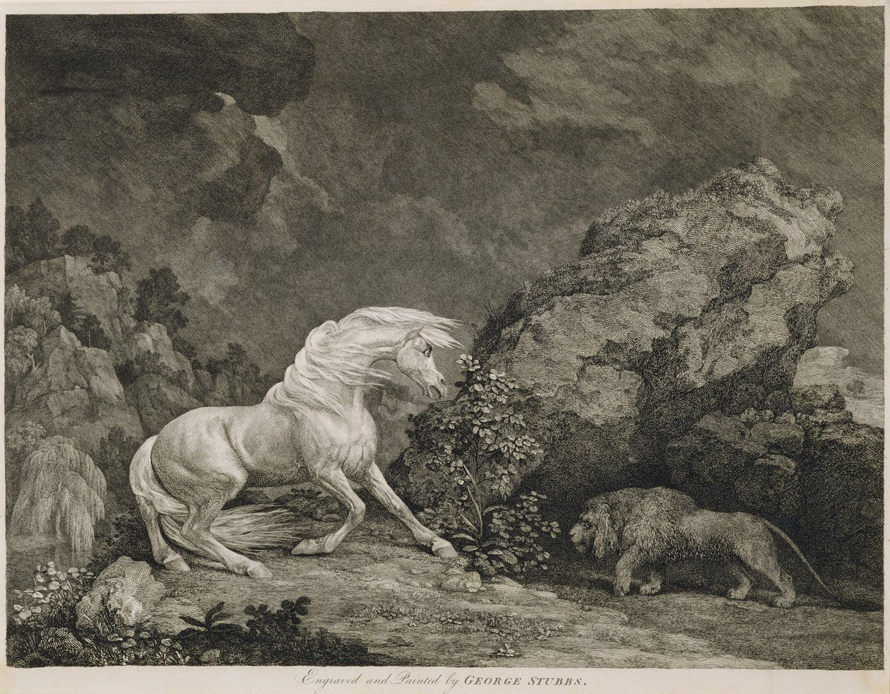 Un caballo asustado por un león, grabado por el artista de George Stubbs