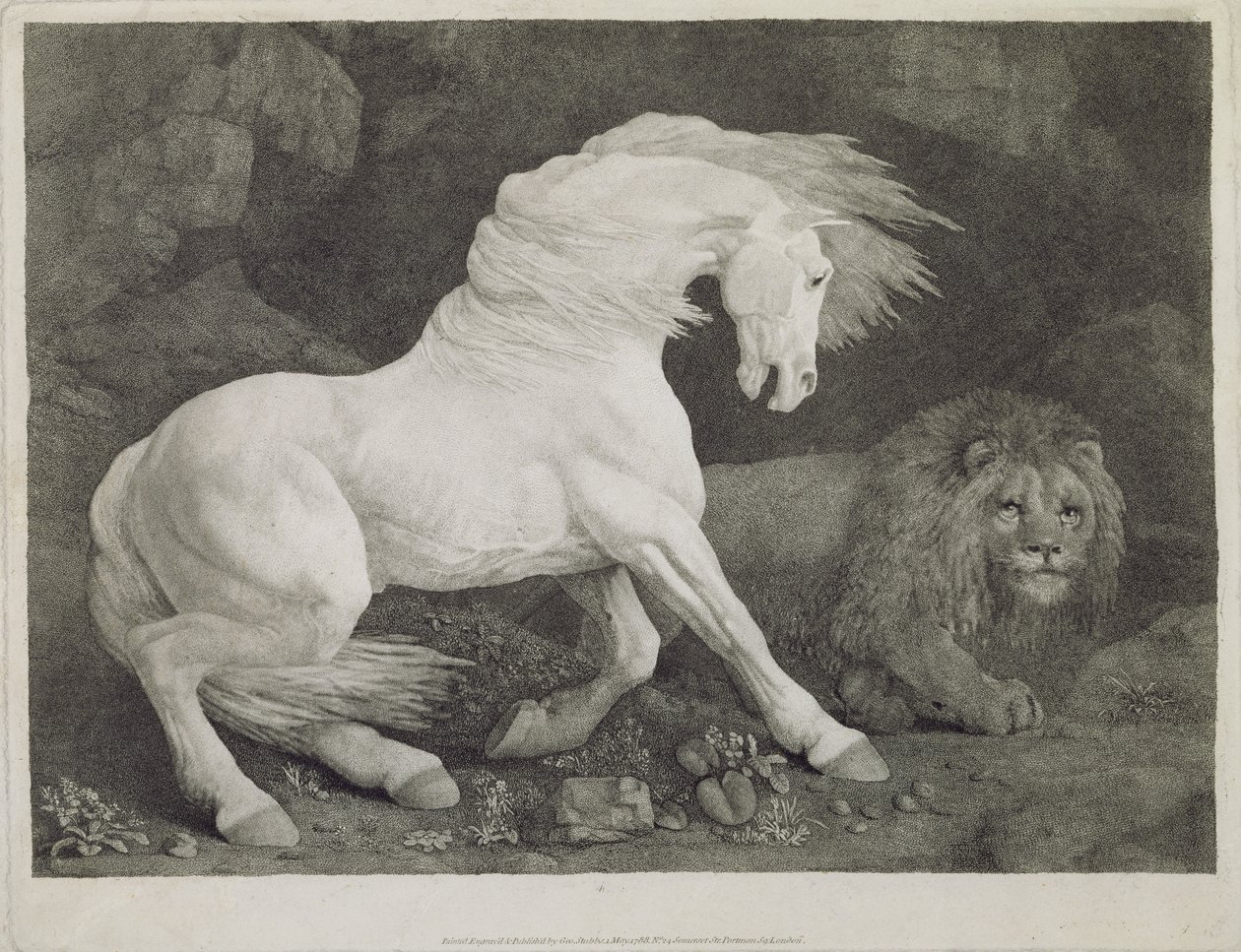 Un caballo asustado por un león, grabado por el artista, pub. 1788 de George Stubbs