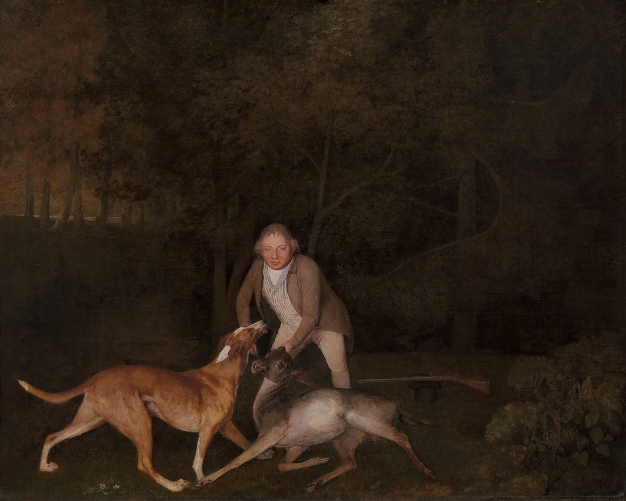 Freeman, el guardabosques del Conde de Clarendon, con una cierva moribunda y un sabueso, 1800 de George Stubbs