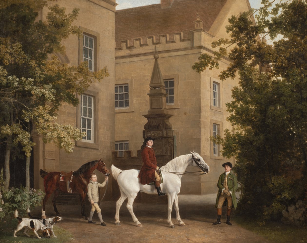 William Henry Cavendish Bentinck, 3er Duque de Portland frente a los establos de Welbeck Abbey, 1766-7 de George Stubbs