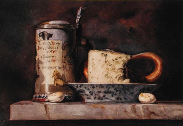 Naturaleza muerta con queso y jarra de George Thompson Hobbs